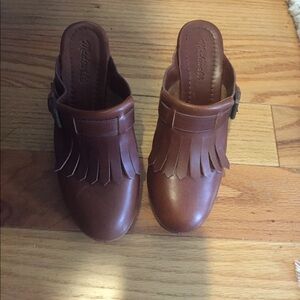 Madewell Brown Leather Mules with Fringe